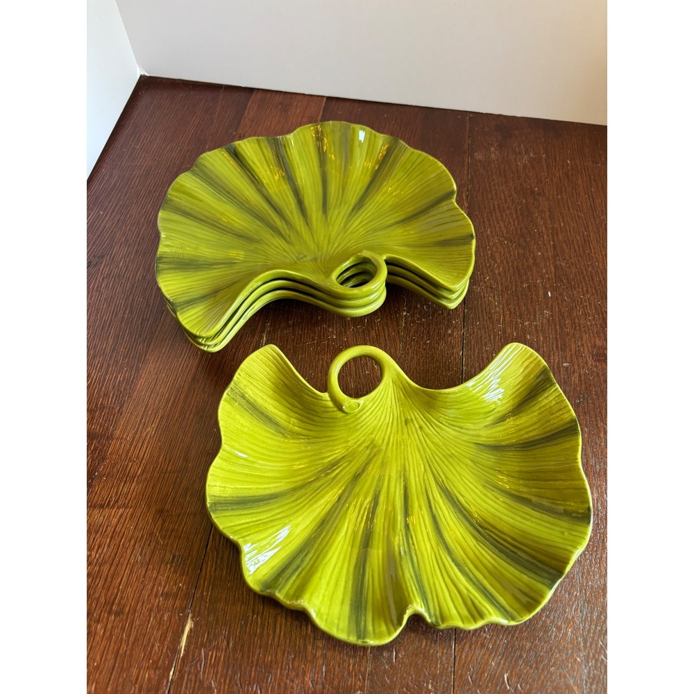 Tommy Bahama Green Ginkgo Leaf Ceramic Appetizer Plates Set of 5 Tropical Decor
